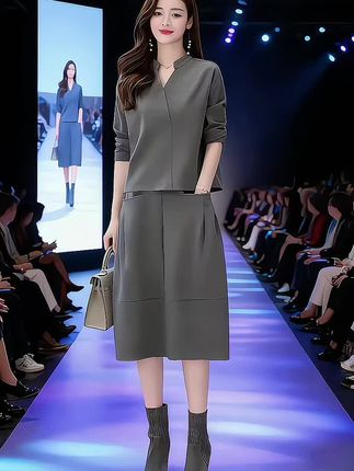 休闲时尚连衣裙套装女2025早秋新款大码遮肚子显瘦减龄裙子两件套