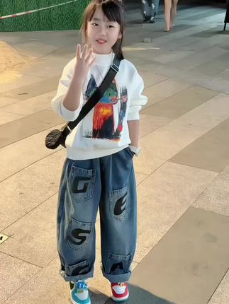 女童卫衣套装春秋2025新款女孩洋气百搭中大儿童卫衣牛仔裤两件套