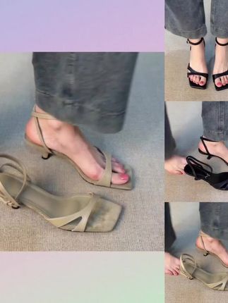 羊皮版~法式简约一字带百搭露趾凉鞋女夏温柔气质通勤工作高跟鞋#休闲百搭#好穿不累脚#羊皮版百搭凉鞋#