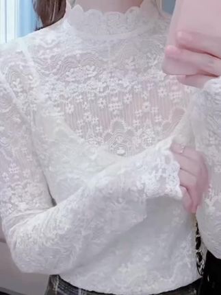 #好物种草 #好东西一起分享 白色花边蕾丝立领打底衫女爆款2025新款秋冬内搭长袖修身洋气上衣#蕾丝立领打底衫#打底衫#女生