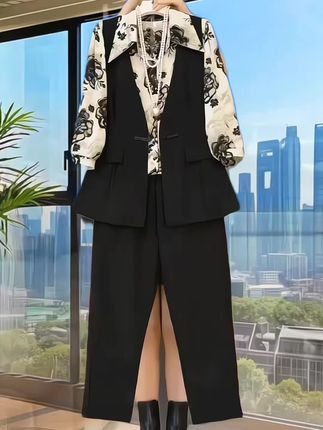 新款大码女装时尚气质高级感碎花衬衫马甲三件套套装#洋气减龄 #高端大气 #减龄气质 #宽松有范 #休闲穿搭