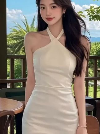 2025夏季新款白色挂脖无袖连衣裙气质优雅风裙子修身性感包臀裙女#动画动漫 #我的ootd穿搭 #时尚搭配服装 #夏季穿搭 #夏季穿搭