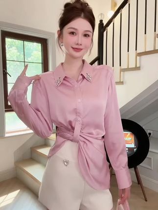 【悸动旋律】简约收腰抽褶钉珠衬衫上衣 #显瘦穿搭 #秋冬穿搭 #小个子穿搭 #ootd穿搭 #谁穿谁好看