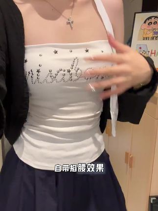 纯欲风性感辣妹围脖烫钻抹胸背心女内搭外穿带胸垫修身显瘦上衣夏