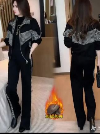0【加绒加厚休闲套装女冬季新款时尚格子拼接立领外套阔腿裤两件套#丶