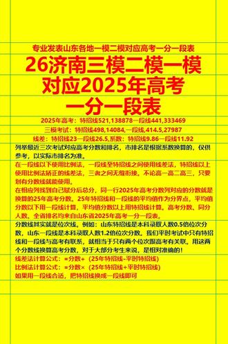 2026届济南三模二模一模对应2025年高考一分一段表 方便自助换算高考分数,查省排名、市排名。包括济南三次模考