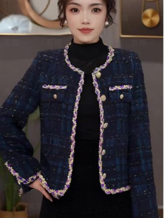 羊毛小香风外套女款爆款2025新款春秋蓝色轻奢气质时尚百搭上衣