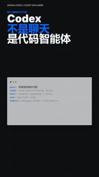 Codex能帮开发者做什么 Codex 不是普通聊天机器人,而是能读项目、改代码、跑验证、做审查的代码智能体。
适合:读代码库、修 bug、补功能、写测试、代码审查、迁移重构。
#Codex #OpenAI #AI编程 #开发效率 #程序员