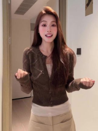 混乱美学镂空基础针织开衫~复古对位捏褶宽松不对称半裙套装H765#复古开衫 #针织开衫 #辣妹上衣 #镂空针织开衫