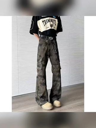 迷彩牛仔裤男款美式复古高街时尚修身微喇裤工装休闲显瘦直筒裤子#牛仔裤#直筒裤