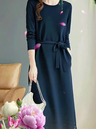 #创作灵感 芳妮诗时尚长袖连衣裙款胖MM大码女装高级感洋气收腰圆领T恤裙子#气质穿搭 #高级感穿搭 #品质女装 #新款连衣裙