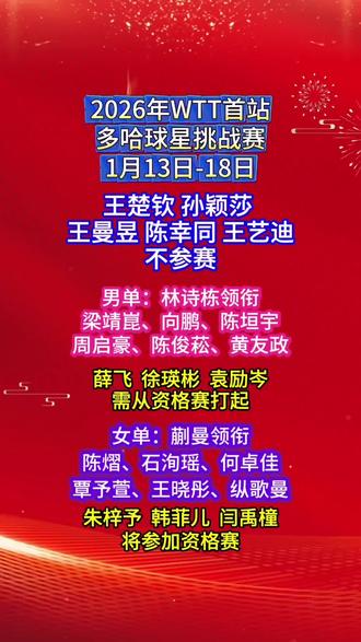 国乒2026年首战几个主力将缺席#热点#wtt#乒乓球比赛#国乒