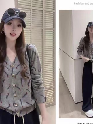 时尚穿搭女2025秋季新款宽松百搭针织开衫显瘦阔腿休闲裤两件套装#爆款热卖中 #谁穿谁好看不分年龄段 #显瘦穿搭时尚女装 #每日分享