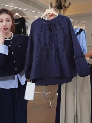 2025早秋新款欧货木耳边系带格子衬衫女士春秋宽松衬衣上衣