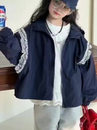 女童休闲蕾丝拼接连帽外套女宝宝休闲百搭洋气韩版春秋外穿上衣#女童外套#休闲外套#连帽外套#春秋外套#好物分享