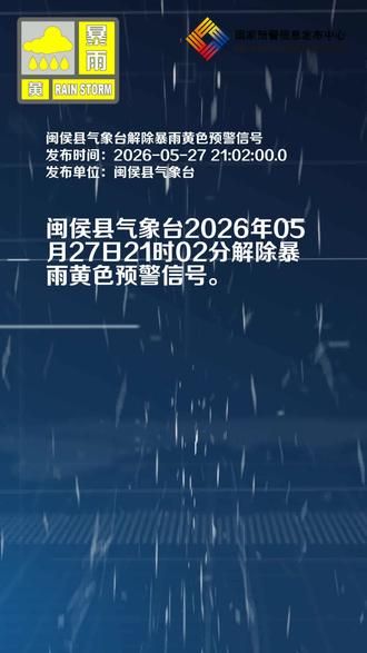 闽侯县气象台解除暴雨黄色预警信号