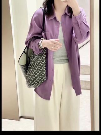 韩系风格穿搭紫色纯棉长袖衬衫女春秋设计感宽松休闲气质衬衣外套#今日穿搭ootd #简约不简单 #显瘦显气质 #显白穿搭 #紫色衬衫