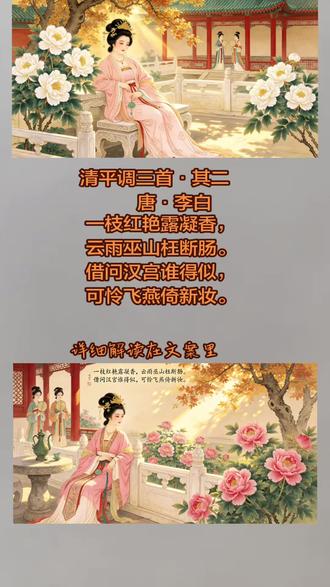 译文:贵妃真是一枝带露牡丹,艳丽凝香,楚王神女巫山相会,枉然悲伤断肠。请问汉宫得宠妃嫔,谁能和她相像?可爱无比的赵飞燕,还得依仗新妆。
赏析:这首诗以花喻人,首句“一枝红艳露凝香”既写花朵艳丽含香,又暗颂杨贵妃的天然美色;接着用楚王遇巫山神女的神话典故,反衬贵妃受宠之实;再通过赵飞燕需倚新妆的对比,突出杨贵妃不施脂粉的天然国色。
背景:李白在长安任翰林供奉期间,唐玄宗天宝二年(743年)或三年(744年)春日,唐明皇与杨贵妃于沉香亭观赏牡丹,认为赏名花、对妃子,不宜用旧日乐词,遂急召李白进宫创作新词。李白奉旨受命,于金花笺上写下此诗,以应宫廷赏乐之需。
#清平调#一枝红艳露凝香#李白#诗词