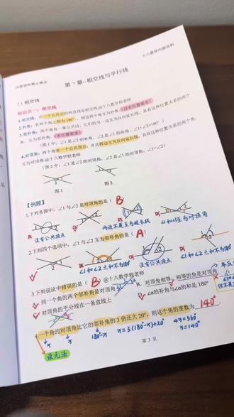 七下人教第一单元相交线与平行线资料展示,216 页手写解析加 216 页空白练习,嘎嘎提分!#七下人教 #七年级下册数学 #相交线与平行线 #猪蹄模型 #铅笔模型