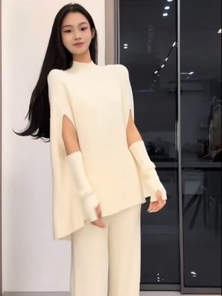 秋冬时尚设计感高端欧货慵懒风高级感蝙蝠衫上衣+袖套+直筒裤三件
