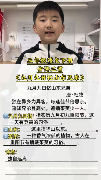 三年级语文下册古诗三首《九月九日忆山东兄弟》#日积月累学语文 #知识点总结#必考考点 #每天跟我涨知识
