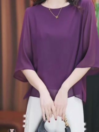 9007#减龄女装紫色圆领短袖衬衫女夏季宽松老钱风松弛感女装贵气#洋气小衫 #显瘦穿搭 #气质穿搭 #超便宜超划算