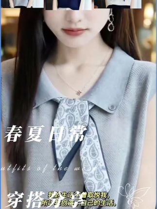 轻奢天丝亚麻翻领短袖设计感小丝巾领针织T恤宽松显瘦无袖短袖女#短袖T恤