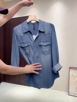 100莱赛尔天丝软牛仔,上身显瘦显气质 #牛仔衬衫#薄款上衣#面料柔软舒适#修身显瘦 #爱了爱了