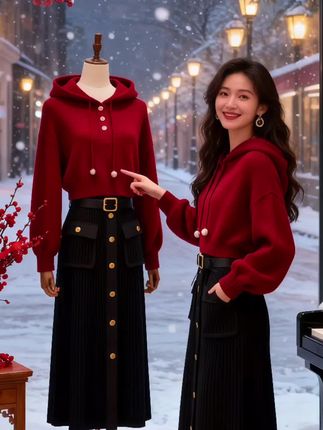 早秋氛围感拿捏!红黑卫衣半裙套装谁穿谁美 早秋第一件战袍必须是这套!红色连帽卫衣+黑色半身裙,经典红黑配自带吸睛buff,出门不用费脑搭,套上就能美出圈~ 卫衣是软乎乎的棉感面料,贴身穿超舒服,连帽抽绳设计显脸小还减龄,纯色款简约不单调,日常出街、约会都合适。半身裙是高腰A字版型,藏肉又显腿长,不管是梨形还是微胖姐妹都能轻松驾驭,面料垂顺不贴腿,走路带风超有范儿~ 一套搞定早秋穿搭,单穿也很百搭!卫衣配牛仔裤清爽,半裙搭针织衫温柔,性价比直接拉满。现在穿不冷不热刚刚好,拍照发圈秒获赞,早买早美,别等断码才后悔! #早秋穿搭 #卫衣半裙套装 #显高显瘦穿搭 #日常通勤穿搭 #小个子穿搭