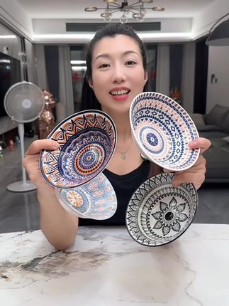釉下彩家用陶瓷耐高温波西米亚风6英寸斗笠碗#陶瓷餐具 #面碗 #汤碗 #饭碗 #陶瓷碗