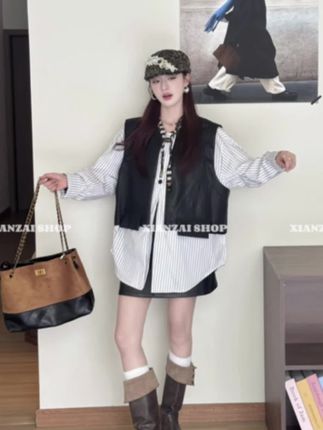 条纹衬衫拼接皮衣马甲皮短裙两件套装2025秋季新款时尚气质套装#套装 #套装两件套 #套装穿搭 #两件套 #两件套女装