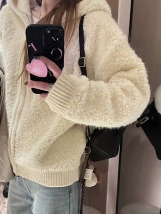 魔西女王羊羔毛连帽针织开衫毛衣外套女秋双拉链上衣#女上衣
