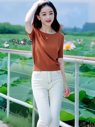 薄款时尚短袖套头显瘦t恤上衣新款夏季高级一字领宽松针织衫女装