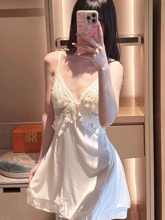 2025夏季新款刺绣冰丝蕾丝纯欲风吊带睡裙带胸垫睡袍家居服两件套