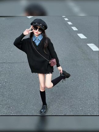 @DOU+上热门 女童毛衣秋装牛仔衬衫领假两件大童装毛线衫中长款秋季儿童针织衫#春秋新款 #假两件#针织衫@巨量千川