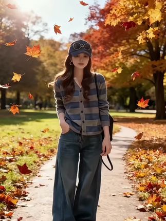 《秋意漫途》  林晚总爱在深秋的午后,踩着落叶去公园深处的旧书摊。  蓝灰条纹开衫是她去年在 thrift store 淘的,阔腿牛仔裤被风灌得鼓鼓的,头上棒球帽压着墨镜,像把整个秋天的随性都穿在了身上。  今天的风尤其热闹,枫叶簌簌落在她发梢、肩头,她插着兜慢悠悠走,忽然听见身后传来“窸窸窣窣”的响动——低头一看,一只橘猫正踮着脚,用爪子拨弄她鞋边的落叶。  林晚弯唇笑了,蹲下身时,斜挎包的带子轻轻晃了晃。她摸出包里的小鱼干,橘猫“喵呜”一声蹭过来,暖阳把一人一猫的影子拉得老长,落叶还在不停地落,像把秋天的故事,一页页铺在了她脚下的小路上。#早秋高智感职场穿搭 #每日推荐 #穿搭系列 #每天分享美衣穿搭 #服饰穿搭分享