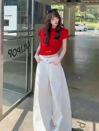 NORNLGGER春秋白色宽松阔腿高腰牛仔裤女显瘦垂感拖地长裤子潮#阔腿裤 #牛仔裤 #拖地长裤 #显瘦穿搭 #显瘦裤子