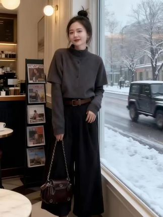 初雪的午后,林薇走进常去的咖啡馆。她穿着灰调针织衫,搭配阔腿裤,手里拎着复古链条包,整个人透着慵懒又雅致的气息。   刚在窗边站定,就瞧见对面座位的陈屿朝她招手。陈屿笑着递过一杯热拿铁,“就知道你会来。”林薇接过,指尖传来暖意,也暖了心。窗外雪花簌簌飘落,映着室内柔和的灯光,两人轻声聊着天,仿佛时间都慢了下来,满是岁月静好的温柔。 #韩系穿搭#穿搭小心机#今天穿什么 #时髦穿搭#高级感穿搭