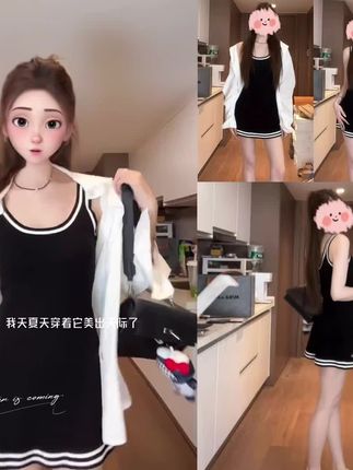 #甜美穿搭 #小清新穿搭 #今日穿搭 #甜系女孩 时尚宽松飘带防晒衬衣撞色针织显瘦辣妹吊带连衣裙