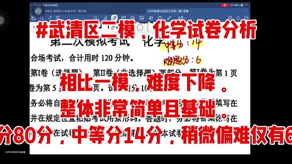 #武清区二模、化学试卷分析
相比一模,难度下降。
整体非常简单且基础。
基础分80分,中等分14分,稍微偏难仅有6分。