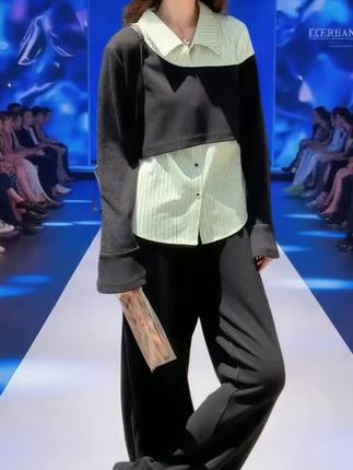 设计感假两件卫衣套装女2025春秋新款休闲风条纹衬衫阔腿裤两件套