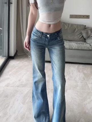 【水洗蓝低腰微喇牛仔裤女2025秋季新款修身显瘦不贴腿直筒拖地裤子】#牛仔裤#显瘦#宽松#百搭#修身