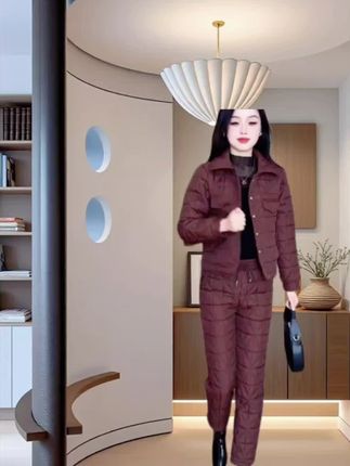 加绒加厚时尚套装 2025冬季新款洋气 显瘦菱形格棉衣 棉裤两件套#洋气减龄