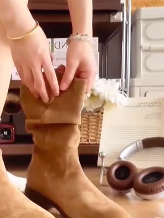 【隐形增高8cm】美拉德马丁靴女秋款,中筒显瘦堆堆褶皱复古低筒女靴。#靴子 #长筒靴