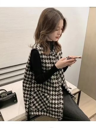 千鸟格子显瘦马甲女春秋:/ 外搭潮英伦风2025新款设计感无袖坎肩马夹