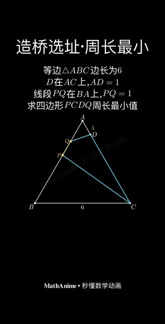 等边△造桥选址|PQ 在边上滑动,PCDQ 周长最小怎么求 等边 △ABC 边长 6,D 在 AC 上 AD=1。一根长度恒为 1 的"桥" PQ 在边 BA 上滑动(Q 靠 A、P 靠 B)。问四边形 PCDQ 的周长最小是多少?
第一眼看周长 = PC + CD + DQ + QP,其中 CD=5、QP=1 都是定值,所以问题等价于最小化 PC + DQ。
🔑 关键招数:将军饮马 + 造桥选址 双技合体。
- 第一步:把 D 关于 AB 反射到 D₁,因为 Q 在轴 AB 上 ⇒ DQ = D₁Q
- 第二步:把 D₁ 沿 PQ 方向平移 1 单位到 D₂,平行四边形 D₁QPD₂ ⇒ D₁Q = D₂P
- 第三步:折线 PC + D₂P 三点共线时拉直 ⇒ ≥ |D₂C|
剩下就是算 D₂C:作 D、C 在 AB 上的垂足 K、H(30-60-90 三角形):
AK = 1/2、DK = √3/2;BH = 3、CH = 3√3、AH = 3。
水平距 D₂E = AH − (AK + 1) = 3/2;竖直距 CE = CH + EH = 7√3/2。
勾股:|D₂C| = √((3/2)² + (7√3/2)²) = √39。
✨ 最小周长 = 6 + √39,最优位置 AQ = 5/7。
评论区告诉我你第一眼看出了反射 + 平移没有?
#数学动画 #初中数学 #几何 #动点最值 #将军饮马 #造桥选址