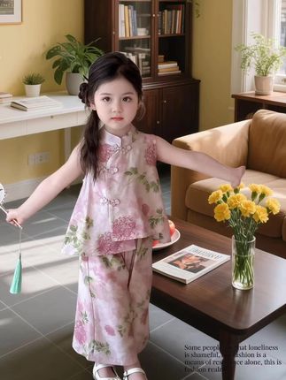 姐妹们快来看看这套新中式国风的儿童汉服套装!它整体采用了棉绸的面料,穿上特别舒服透气,而且上面还有精美的印花图案,满满的国风元素。整套衣服是背心配阔腿裤的设计,属于新中式的风格,夏天穿起来非常凉爽,喜欢的朋友赶快点击下方链接购买吧!#女童穿搭 #女童套装 #女童夏装 #女童洋气服装推荐 #女孩穿搭