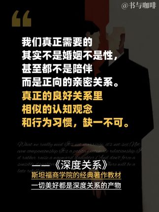 《深度关系》源于斯坦福经典课程,剖析了父女、夫妻、闺蜜等5 种关系,教你如何维护一段高质量关系。深度关系,意味着能尽情展现真实的自己,敢袒露脆弱,还相信对方不会利用自己的秘密。 不愧是商学院精英们总结出来的关系维系准则!深入浅出,搭配多场景案例将所有人际关系由浅入深的基本规律讲得明明白白,无论你是想与伴侣、父母、朋友构建高质量亲密关系,还是想与同事、上级、客户构建能长期利益互换的高质量人脉网,这本书都能给您很多启发。 #人际关系 #心理学 #认知#深度关系 #情感#好书分享