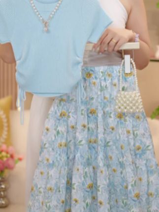 女童夏季新款夏装时尚针织短袖碎花公主长裙套装新款女孩洋气裙子 #裙子#裙子推荐#新款裙子#时尚裙子#儿童裙子
