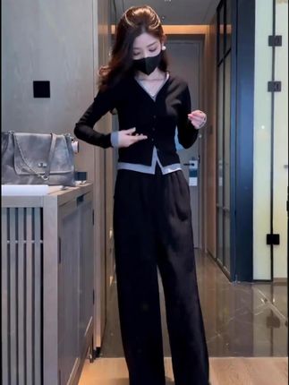 假两件拼接#长袖针织衫 女t恤春秋新款小个子修身显瘦正肩#打底上衣